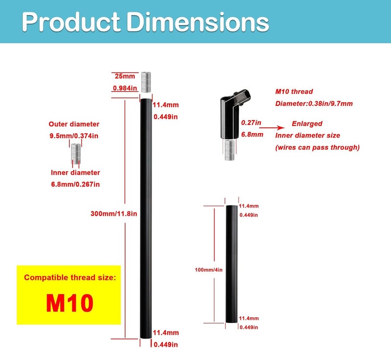 Haligate Matte Black M10 Threaded Extension Rod Set for Pendant Light, Island Lighting, Chandeliers,Lighting Fixture Downrods & Stems, 8 Lighting Fixture Downrods & 4 Adapters - Image 2